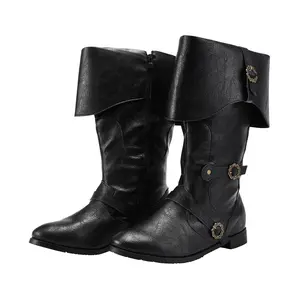 Medieval Retro Boots Men Black Viking Pirate Warrior Renaissance Gothic Halloween Shoes PU Leather Zipper Design Anti Slip Sole Dance Footwear Closed Style