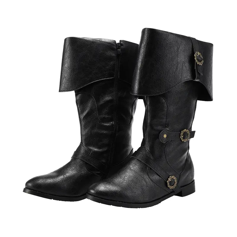 Men's Mid-Calf Vintage Gothic Punk Party Boots - Black Synthetic PU Leather Cuban Footwear, Plain Round Toe, Zipper, Buttons, Anti-Slip Rubber Sole, Quick Zip-On, Breathable All-Seasons Closed Shoes for Cosplay