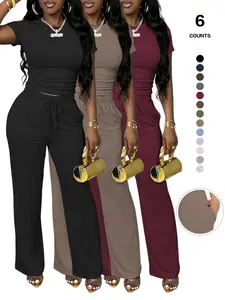 Women’s 2 Piece Short Sleeve Set, Fitted Crop Top & Drawstring Wide Leg Pants, Slim-Fitting Casual for All Seasons