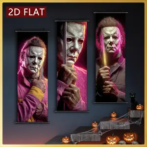 2D/FLAT-3pcs Halloween Decoration Plastic Reel Horror Movie Character Prints with Knife HD Anti-Fade Ink Artwork Suitable for Halloween Bedroom Living Room Party Home Wall Decor Indoor and Outdoor Use
