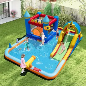 Costzon - Inflatable Water Slide With Air Blower, Inflatable Mighty Bounce House Jumper, Mega Water Park Bouncy Castle Combo for Kids Boys Girls Outdoor Backyard  Summer Gifts