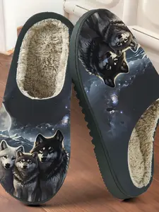 Star Wolf Pack Printed Cotton Slippers, Wild Atmosphere, Fuzzy Lined Anti-Slip Thick Sole, Home Use Men Women Fall Winter Warm Shoes, Casual Slipper Shoes, Rubber House Shoes