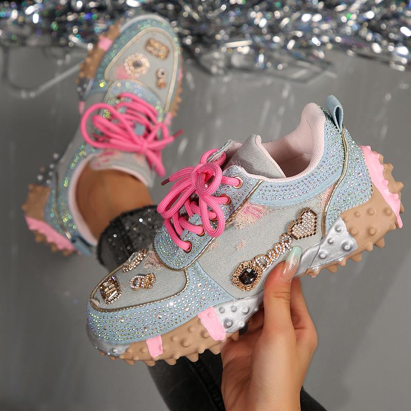 Women Casual Rhinestone-Embellished Sneakers Fashion Beaded Walking Shoes Outdoor Non-Slip Flat Shoes