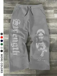 Men's Casual Loose-Fit Drawstring Pants, All-Season Wide-Leg Sweatpants with Nun Print, Comfortable Long Trousers for Everyday Wear, Casual Streetwear Pants