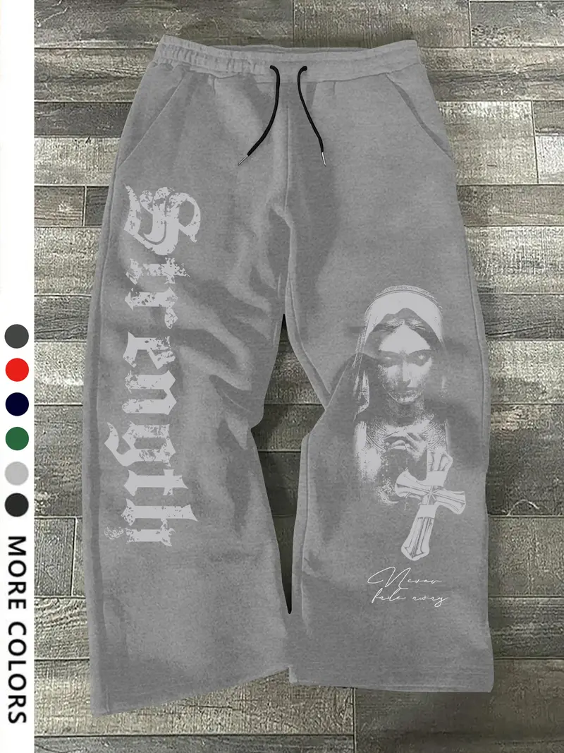 Men's Casual Loose-Fit Drawstring Pants, All-Season Wide-Leg Sweatpants with Nun Print, Comfortable Long Trousers for Everyday Wear, Casual Streetwear Pants