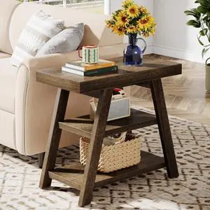 LITTLE TREE 3-Tier Wood End Table, Farmhouse Small Couch Side Table with Storage Shelves, Vintage Sofa Side Table for Living Room, Small Wood Bedside Table for Bedroom