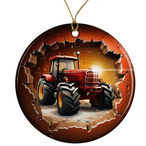 Farm Tractor Ceramic Ornament - Breakthrough 3D Effect Burst Illusion Kids Ornament - 3 Inch Christmas Tree Round Ornament - Xmas Holiday Decor - String Included - ORNW0085