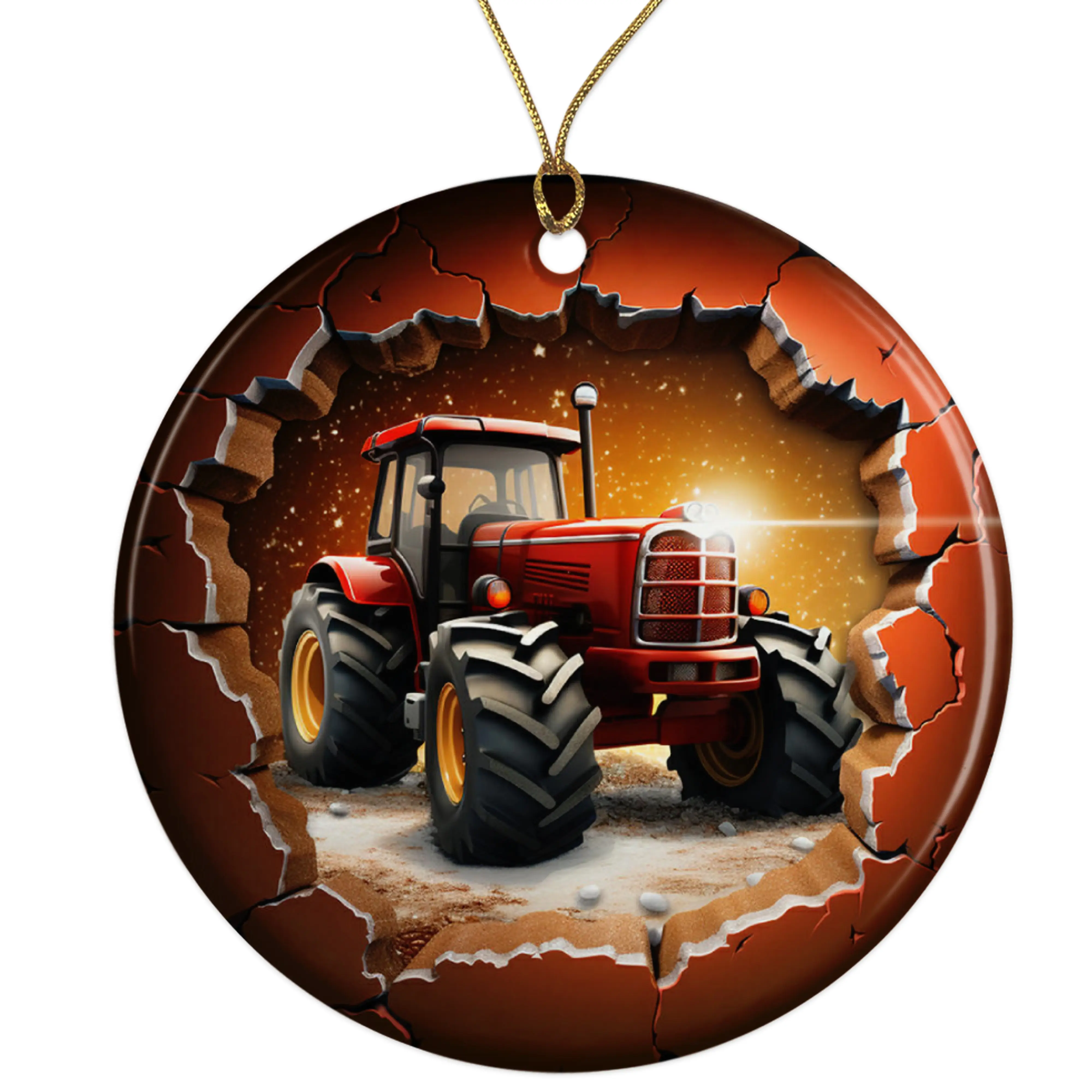 Farm Tractor Ceramic Ornament - Breakthrough 3D Effect Burst Illusion Kids Ornament - 3 Inch Christmas Tree Round Ornament - Xmas Holiday Decor - String Included - ORNW0085