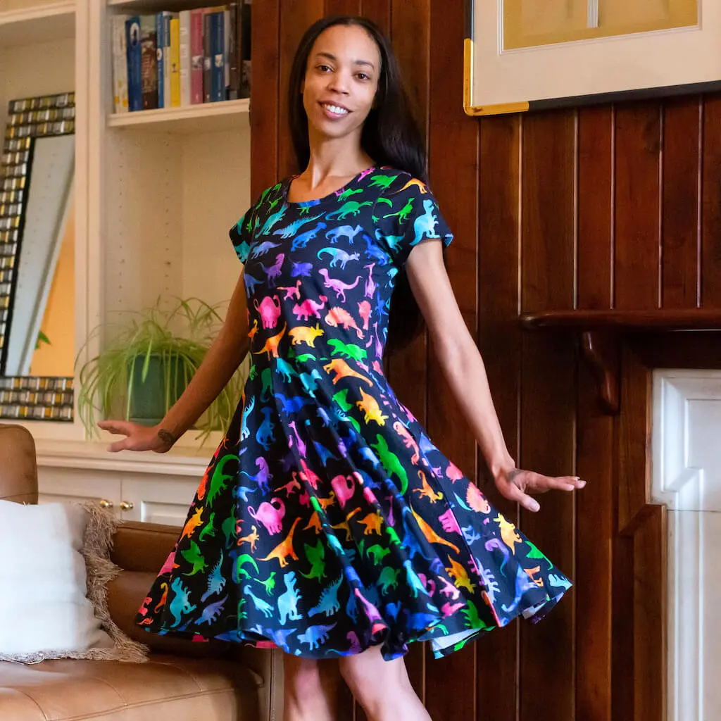 Adult "Prehistoric Parade" Rainbow of Dinosaurs Dress with Pockets