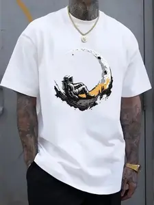 Men's Space Theme Astronaut Art Design T-Shirt, Summer Casual Short Sleeve Round Neck, Comfortable Fashion Top, Classic