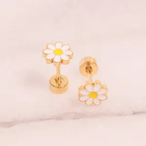 Adorn512 Daisy Enamel Screw Back Studs- Cute 14k Gold Filled Earrings For Women, Floral Minimalist Jewelry Perfect For Everyday Wear, Office, Party, Or Casual Chic Look, Lightweight Comfortable Design, Trendy Spring Fashion Accessory