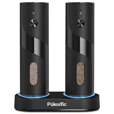PUKOMC 2-Pack Black Set Electric Salt and Pepper Grinders - Stainless Steel & Plastic Kitchen Seasoning Utensils with Rechargeable Charging Base, Adjustable Coarseness, Large Hopper, Home Gift