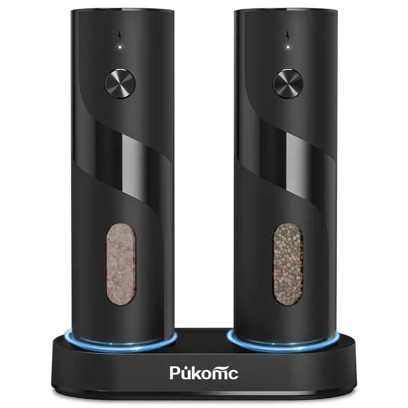 PUKOMC 2-Pack Black Set Electric Salt and Pepper Grinders - Stainless Steel & Plastic Kitchen Seasoning Utensils with Rechargeable Charging Base, Adjustable Coarseness, Large Hopper, Home Gift