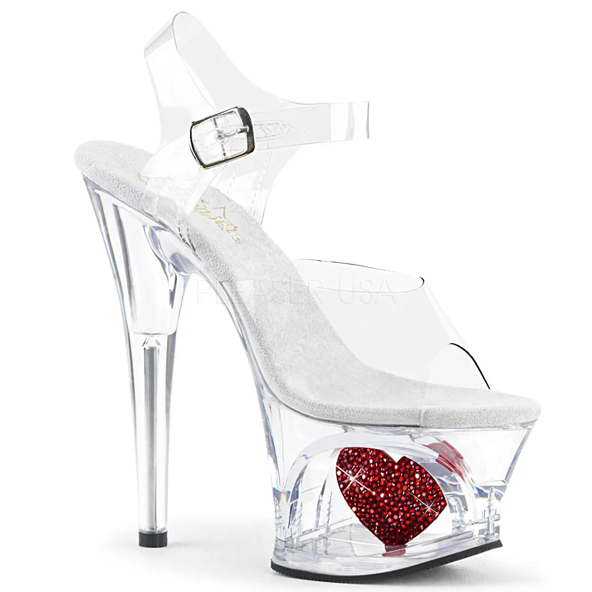 Women's Stylish 7-in Heel Transparent Red Open-Toe Platform Shoes - Rhinestone Heart Ankle Strap Fashion Sandals with Fabric Accents, Shoes for Women MOON-708HRS