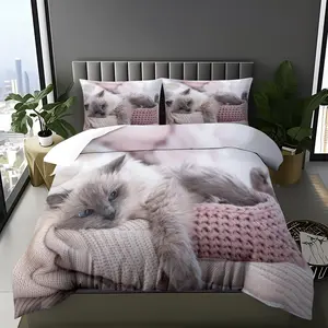 2/3Pcs Cute Cat Print Duvet Cover Sets, Soft Breathable and Durable Bedding Set, No Filling & Zipper Closure, Perfect For Girls' Bedroom Decoration,  All Seasons