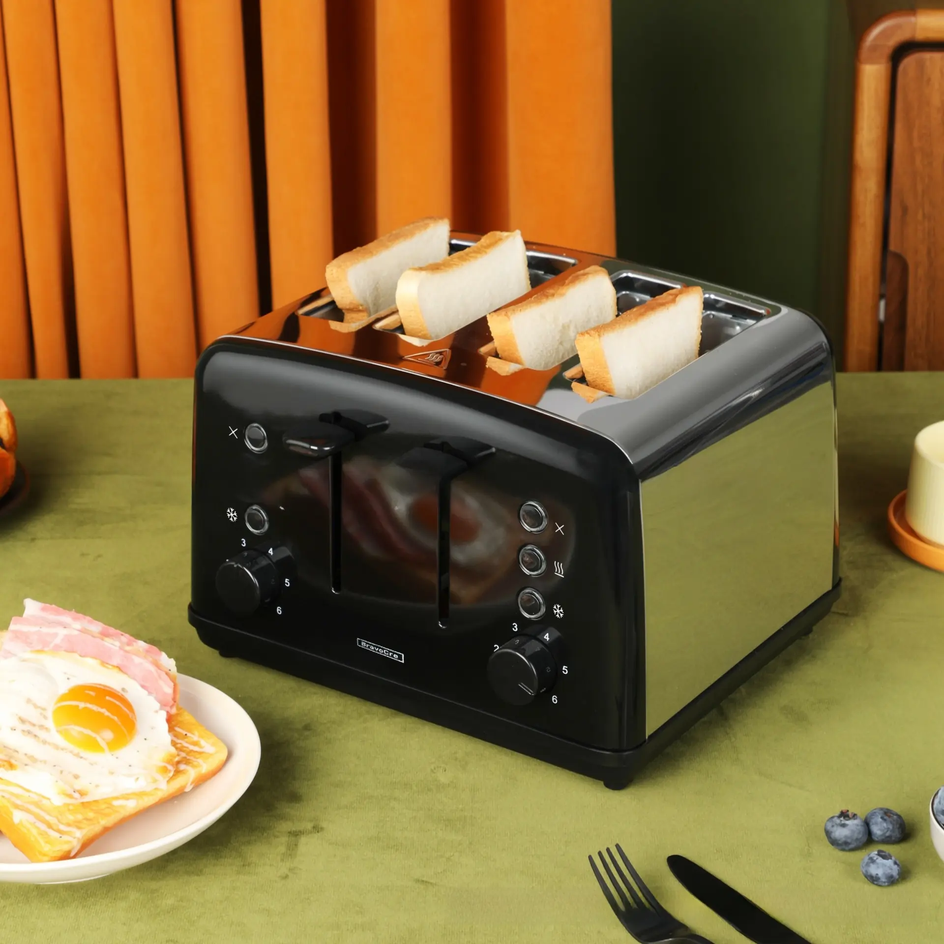 Vintage 4-Slice Stainless Steel Toaster 6 Browning Levels Household Breakfast Machine with Sandwich Function