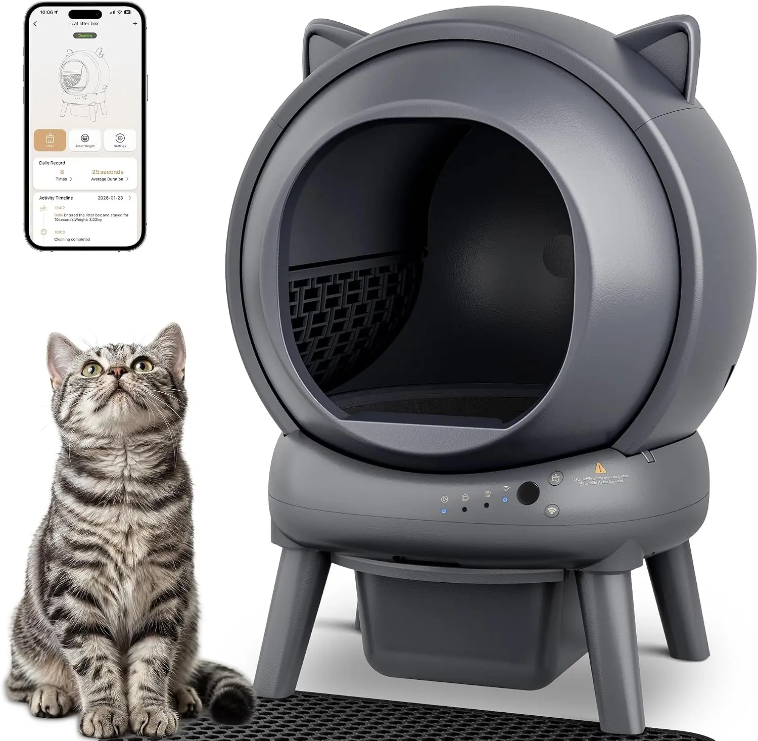 Automatic Self Cleaning Litter Box, Cat Litter Box, Robot Litter Box | APP Control, 65L Globe, Dual Safety Sensors, 1 Roll Garbage Bags, Litter Mat, <35DB, Grey