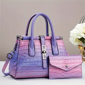 Summer 2Pcs Fashionable Gradient Tote Bag Set - Stylish Crocodile Pattern Shoulder Bag with Multi-Pocket Divider & Coin Purse - Perfect, Spacious Commuting Handbag for Daily Use