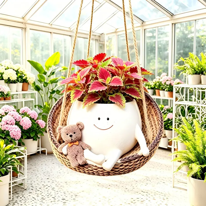 Rattan Bear Hanging Home Planter - Cute Smiley Face Resin Plant Pot with Drainage, Bloomcore Wall Decor for Indoor & Outdoor, Plant Lover Gift