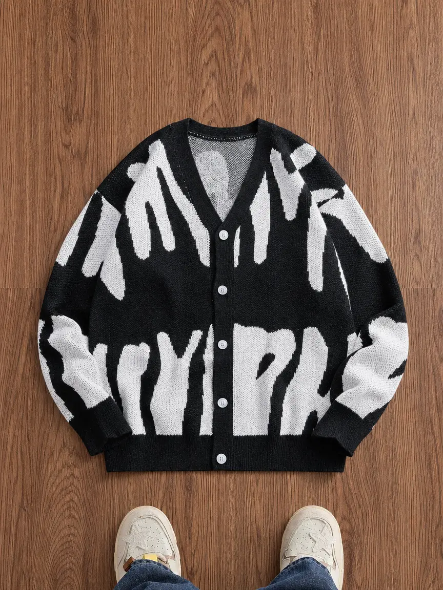 Menswear Knitwear Tops - Unisex Black and White Abstract Large Letter Jacquard V-Neck Single-Breasted Loose-Fit Casual Autumn-Winter Knit Cardigan Outerwear