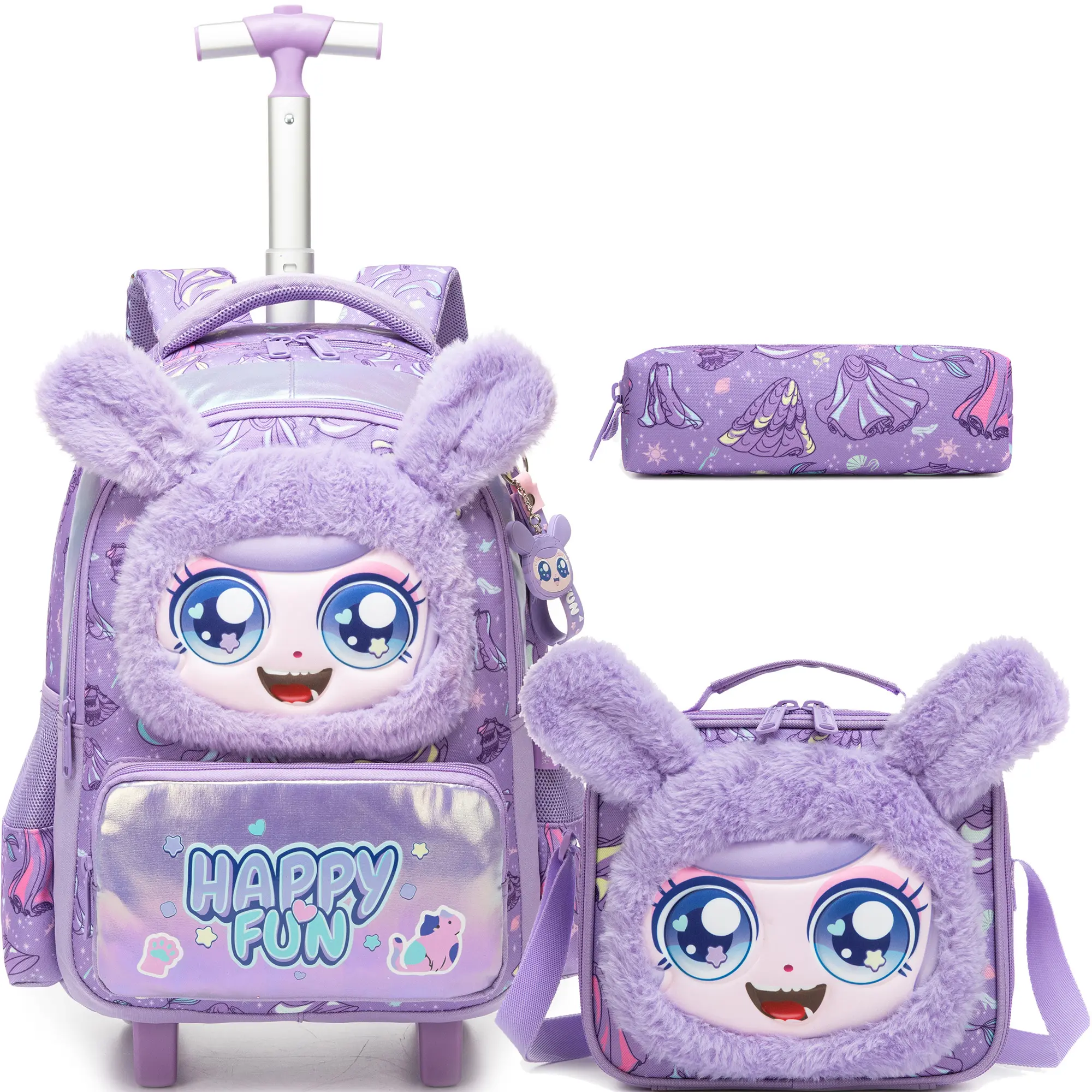Kids' Lavender Rolling Backpack Set, 3-Piece Cute Chic Nylon School Bag with Wheels, Laser-Accented 3D Fuzzy Bunny, Lunch Bag & Pencil Case, Prop 65 Safe, Lunch Box, Girl, Spinner Wheels, Rolling Wheels