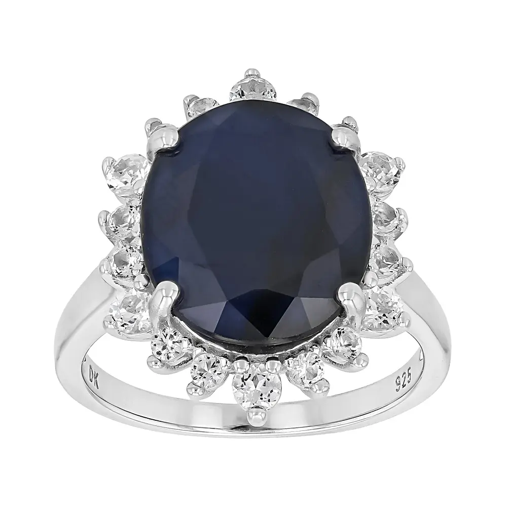 Oval Blue Sapphire and White Topaz Halo Ring in Rhodium Over Sterling Silver, 8.61ctw Statement Gemstone Jewelry, Special Occasions, .79Ctw, Female Wear, 7.82Ct, Special Events