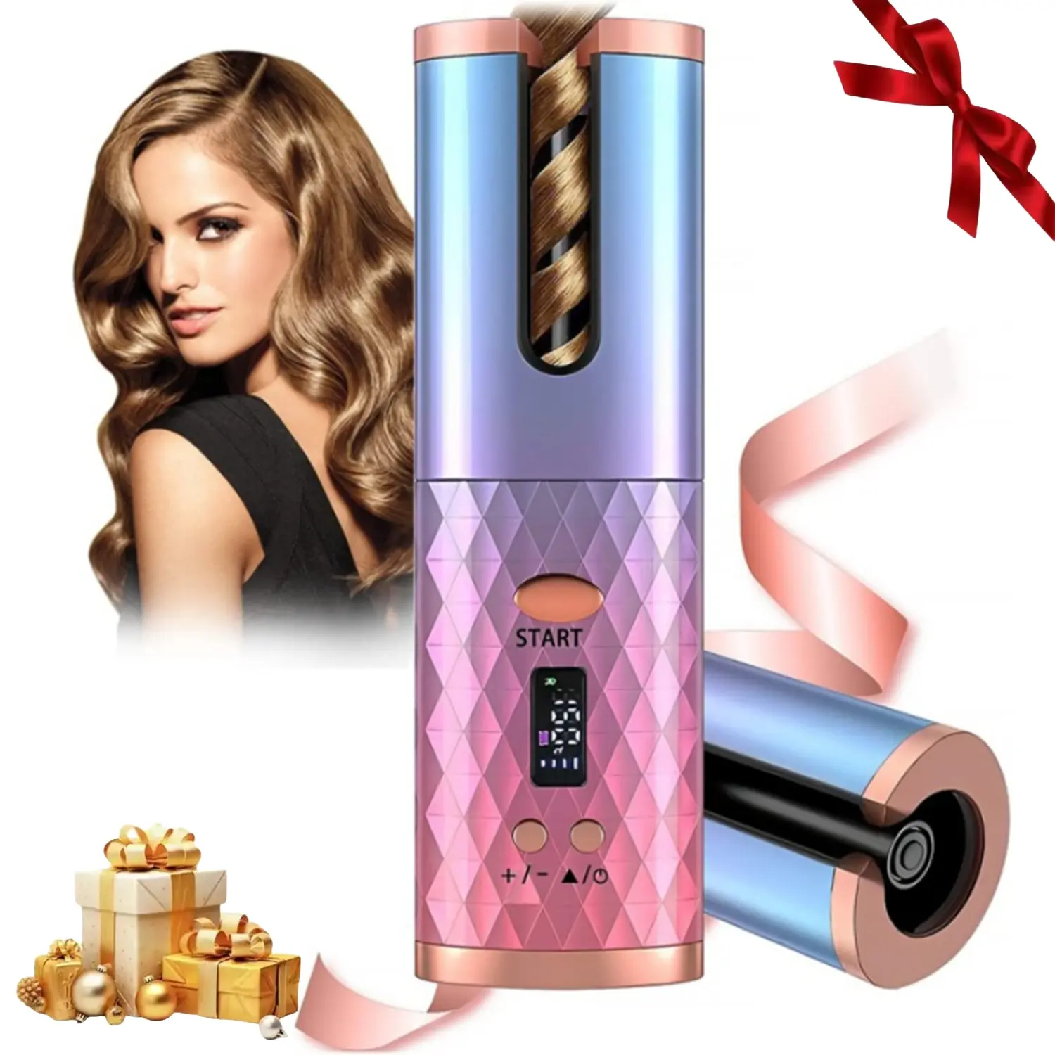 Automatic Cordless Curling Iron with LCD Display, Adjustable Timer and Temperature, 2-In-1 USB Portable Rotating Ceramic Barrel, Quick Heat, Automatic Curler, Rotary Curl Wand