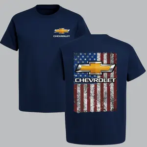 Chevrolet Patriotic Flag T-Shirt – Vintage Distressed USA Flag Graphic Tee with Chevy Logo, 2-Sided Classic Cotton Shirt for Truck Lovers & Car Guys