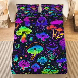 3Pcs Psychedelic Glow Mushroom Fitted Sheet Three Piece Set (1*Fitted Sheet+2*Pillowcases, Coreless), Halloween theme, Trippy Colorful Bedding Set, Mattress protector Soft, Breathable