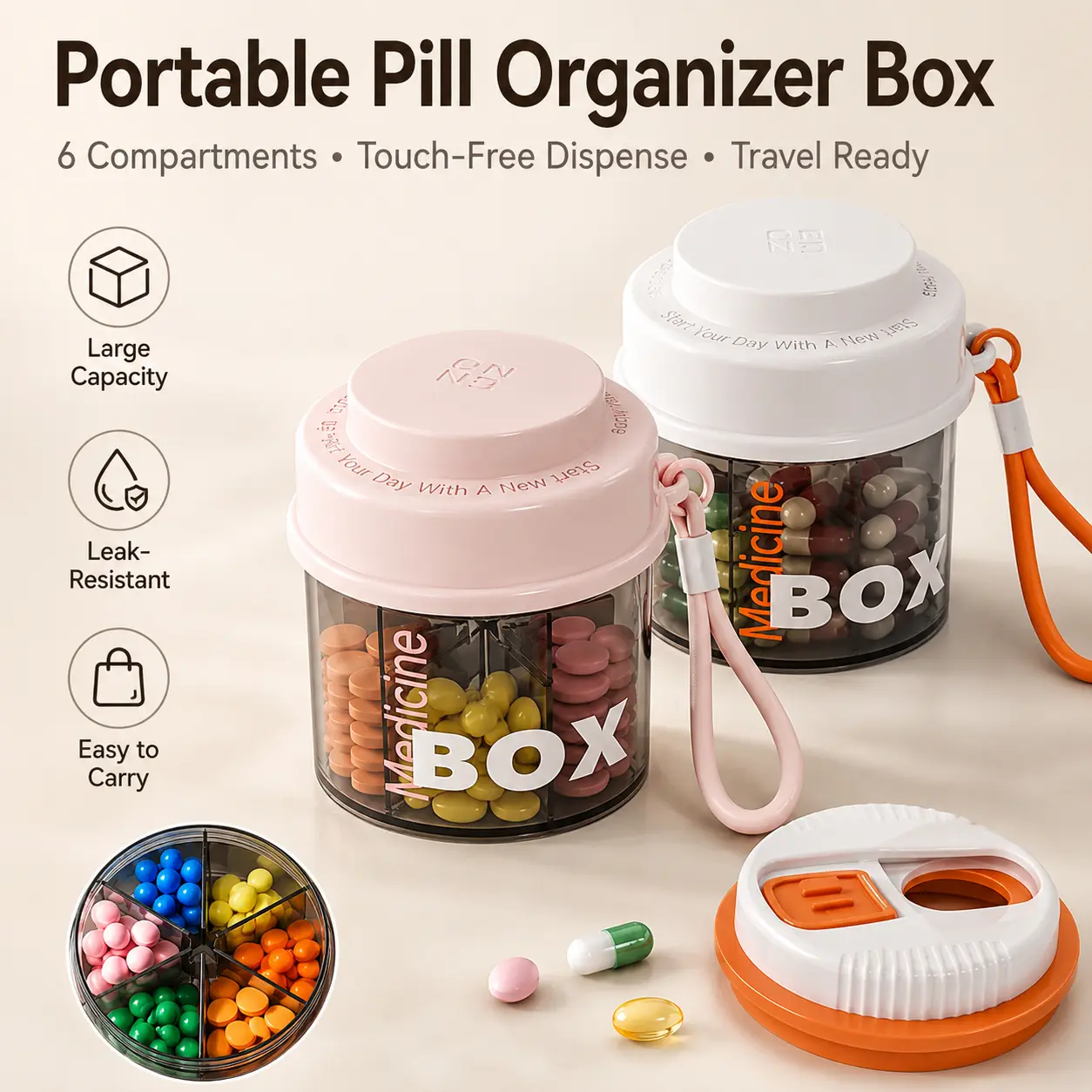 5-Compartment Transparent Plastic Rotary Pill Organizer - Portable Rotating Dispenser with Strap, Dustproof Moisture-Proof Everyday Carry Home Storage Box for School, Work, Outdoors