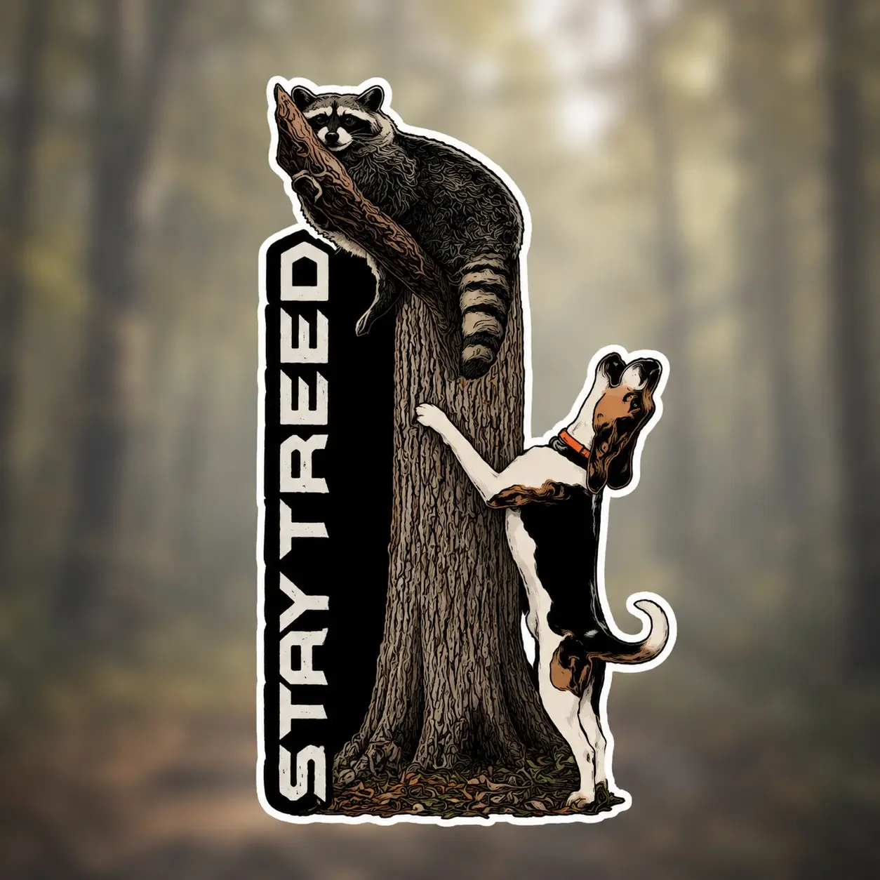 Stay Treed Coonhound Vinyl Sticker, Raccoon Tree Hound Dog Hunting, Waterproof Die Cut Truck Window Dog Box Decal