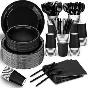 228 count Black Party Supplies Set Include Paper Plates Cups Black Napkins Plastic Spoons Forks  for 30 Guests Disposable Party Dinnerware for Birthday Wedding Family Picnic