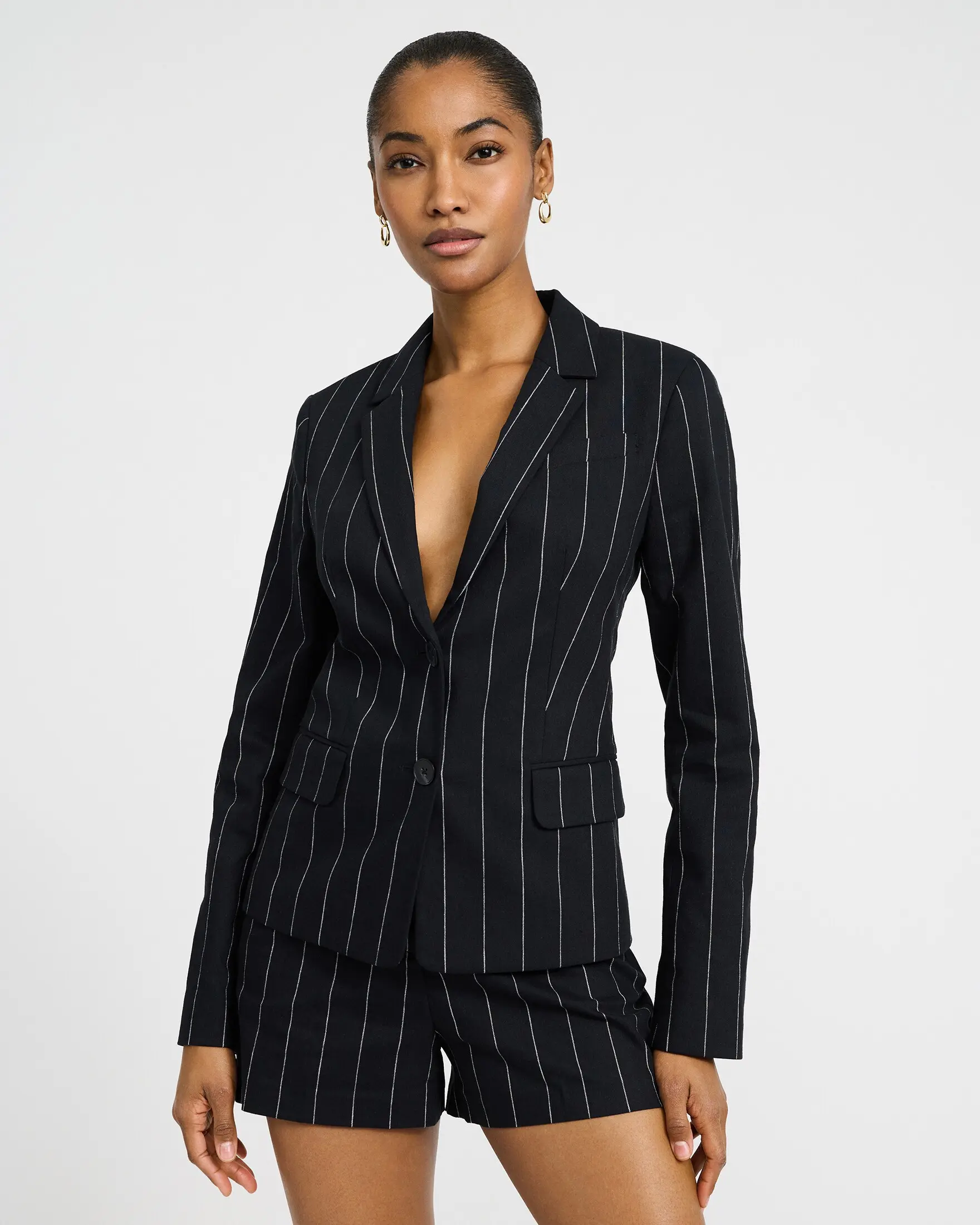 Express Editor Linen-Blend Striped Two Button Long Slim Blazer