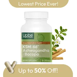 Upbe Ashwagandha & Bacopa for Stress, Focus & Hormonal Health - Energy Support for Men - PMS & Menopause Relief for Women - 60 Vegan Capsules - Clinically Proven Supplement