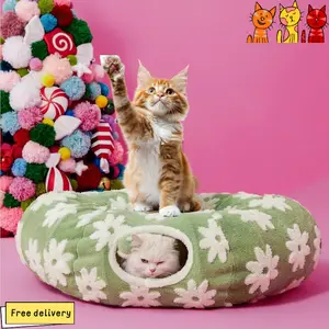 Cat Tunnel Bed – Cozy Donut Cat Cave Tunnel for Indoor Cats, Collapsible Peekaboo Play Tunnel Toy for Kittens, Rabbits & Small Pets, Standard Blue