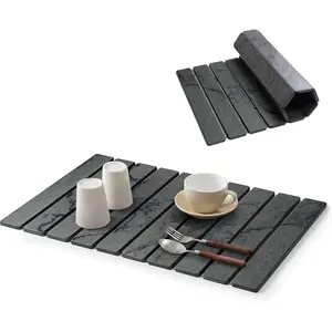Large Stone Dish Drying Mat for Counter 24"x16" Quick Dry Absorbent Collapsible Dish Drying Pad Diatomaceous Earth Mats for Dishes Cups (Marble-Grey)