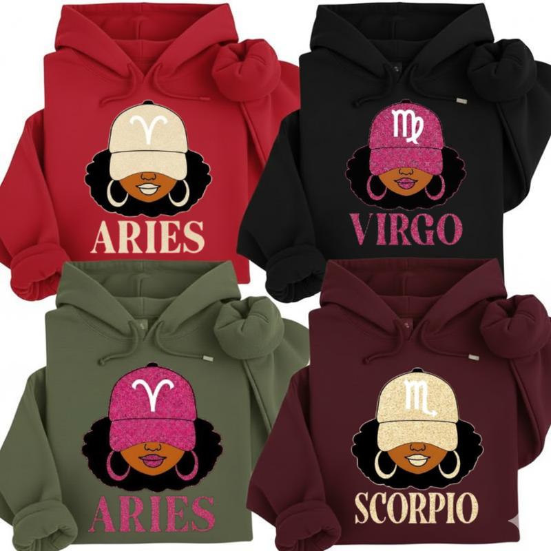[Full 12 Zodiac] Zodiac Vibes Hoodie – Afro Woman Astrology Sign Pullover with Sparkly Hat Graphic, Unisex Horoscope Crewneck Gift for Aries, Virgo & Zodiac Lovers, Trendy Aesthetic Sweater