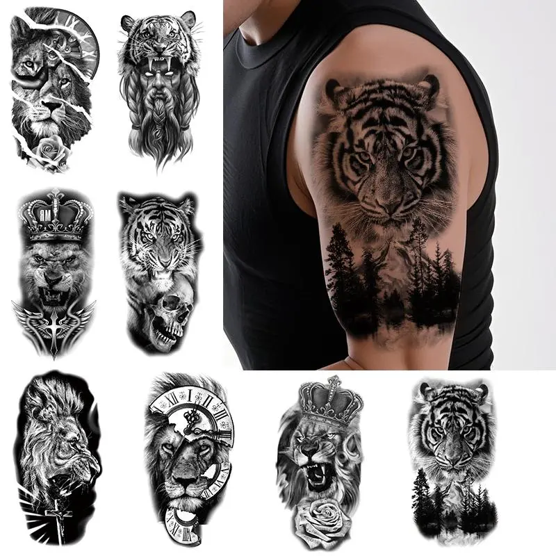 8 Temporary Ephemeral Tattoos for Adults with Tribal Tiger Lion Designs, Skull and Gang Patterns for Halloween Body Art, Realistic Fake Tattoos for Arm and Neck, Tattoo Stickers