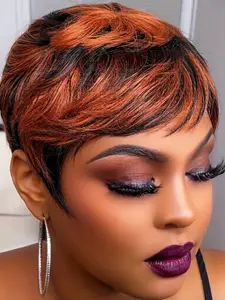 Short Pixie Cut Human Hair Wigs for Women, Full Machine Made Layered Ombre Ginger Wigs, Short Layered Cut with Bangs