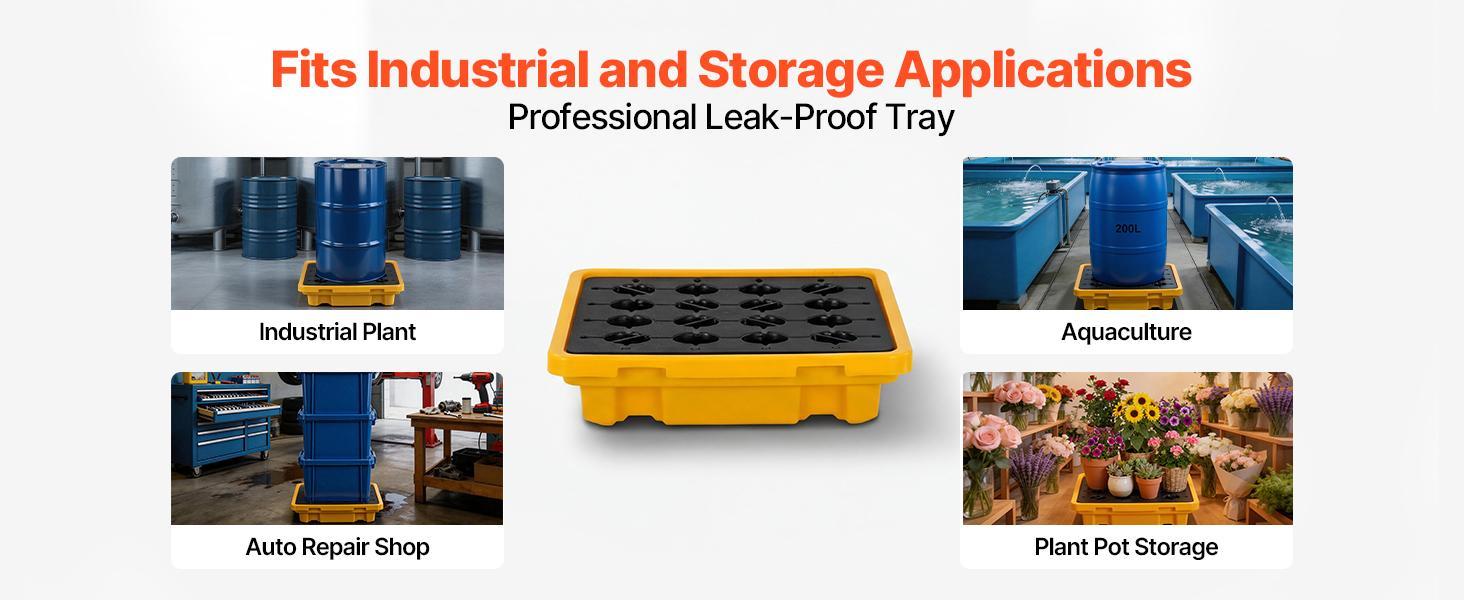 VEVOR Spill Containment Pallet, 1 Drum Low Profile Spill Containment Modular Platform, 11.4 Gallon Sump, 1543 lbs Load Capacity, Heavy-Duty Polyethylene Tray with Drain, 26.4" x 26.6" x 5.9", Yellow#BackToSchool