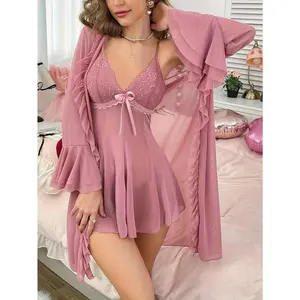 Sexy transparent mesh spaghetti strap+pleated long sleeved mesh long robe sleepwear set - charming transparent design, cute ruffles, lightweight and breathable two-piece home wear sleepwear women's home wear basic Burgundy minimalism