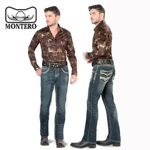 LAM1851 Medium Blue Premium Denim Embroidery Jeans with Modern Boot Cut, High Quality Cotton, All Seasons, Button Closure, Western Style Classic Menswear