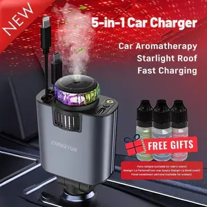 5-in-1 Fast Charging Car Charger with Starlight Roof Freshener, Retractable Cables, USB-C Port Adapter, Lightning Cable, 3 Fragrance Bottles, Car Accessories for iPhone & Android Phones