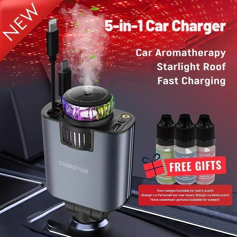 5-in-1 Fast Charging Car Charger (80cm Retractable Cable) - USB-C PD Port Adapter, Lightning Cable, Starlight Roof Freshener with 3 Fragrance Bottles, Cool Gadgets Fast Chargers for iPhone & Android Auto Accessories