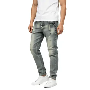 HME-256 Teenager'S Light Blue Washed Distressed Ripped Slim Fit Jeans Retro Street Style Multiple Irregular Rips And Frayed Edges Straight-Leg Cut Jeans, for Outdoor, for Teenager, For Teenager