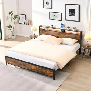 LED California King Bed Frames with Storage, Cali King Size Bed Frame with Headboard, Cal King Platform Bed with Power Outlets, USB Ports Charging Station, No Noise,No Box Springs Needed