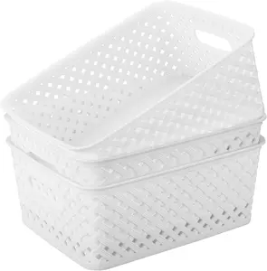 MaxGear 3 Pack Plastic Storage Bins, White Medium Size, Polypropylene Material, Lacquered Finish