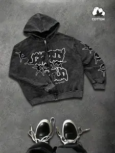 Premium Heavyweight Full Zip Hoodie, Cyber-Grunge Distressed Jacket with Red Star Graphic, Vintage Washed Streetwear Outerwear for Skaters and Daily Street Style.
