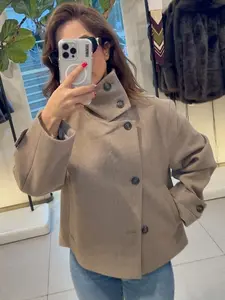 Cropped Wool Jacket Women's Jacket Oversized Brown Coat Asymmetric Button Stand Collar Long Sleeve Jacket Soft Cozy Warm Fabric Jacket Office Wear Outerwears