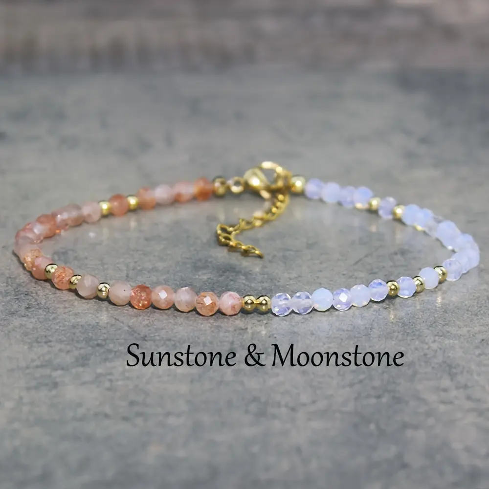 Moonstone & Sunstone Bracelet, Gemstone Beads Bracelets For Women, Sunstone & Rainbow Moonstone Jewelry